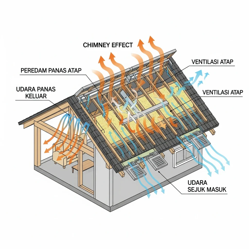 Diagram yang menjelaskan cara kerja ventilasi peredam panas atap untuk sirkulasi udara