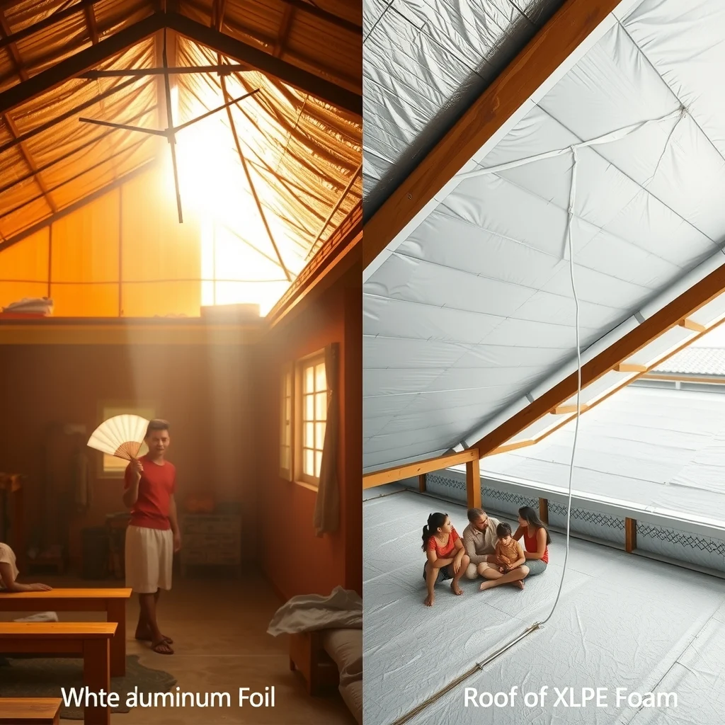 ketebalan aluminium foil — Proses pemasangan bubble foil peredam panas di bawah struktur atap rumah tinggal